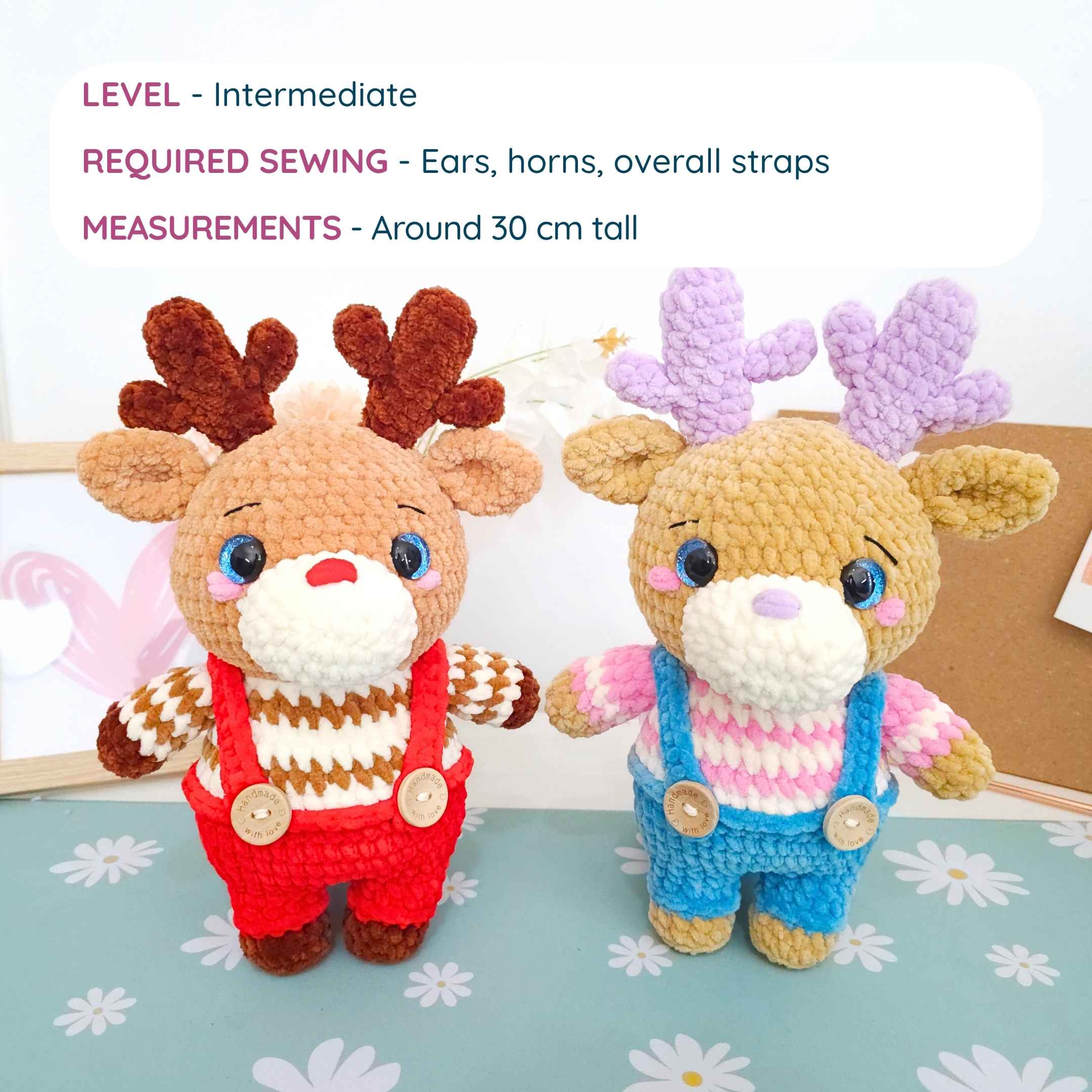 Cute Reindeer with Overalls Low-Sew Amigurumi Crochet Pattern PDF - HUGurumi