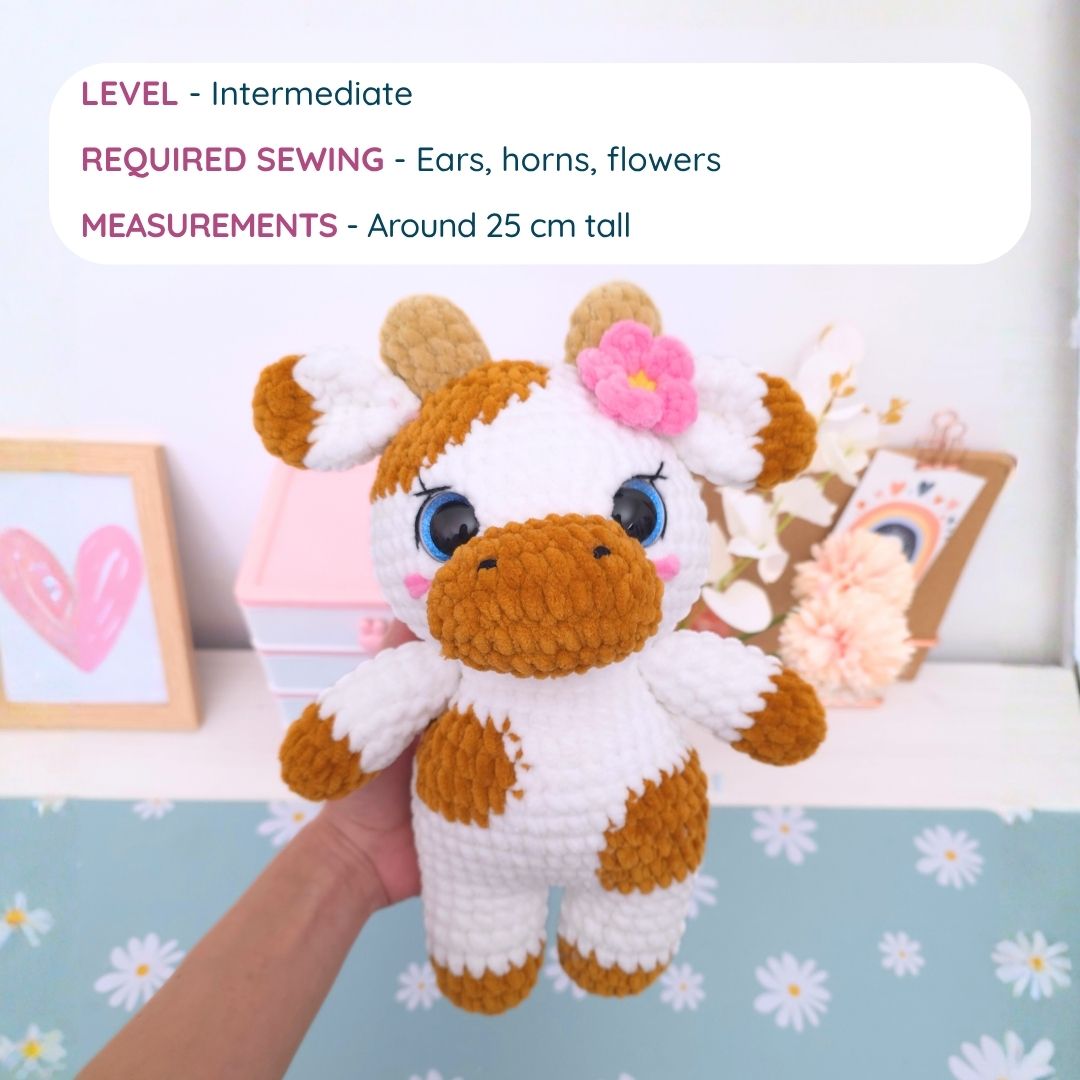 Cute Cow with Overalls Low-Sew Amigurumi Crochet Pattern PDF - HUGurumi